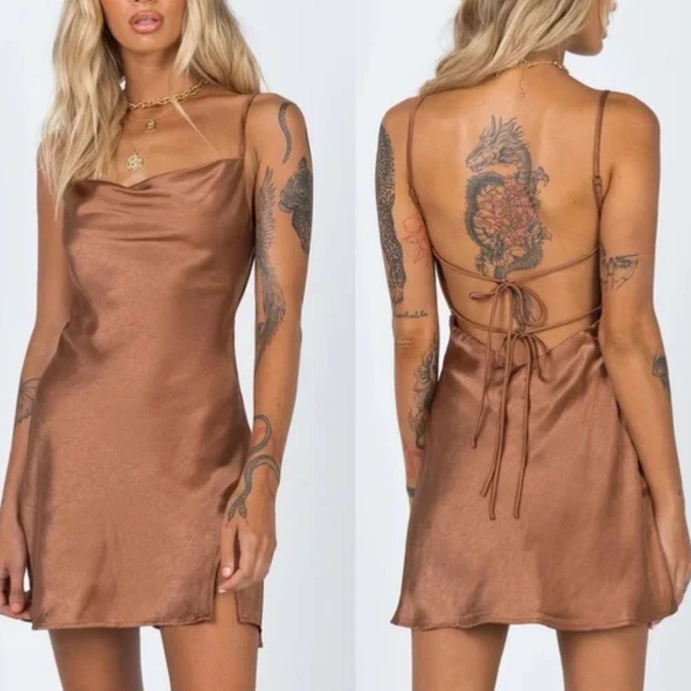 Princess Polly Alfie Copper Brown Satin Backless Square Neck Mini Dress